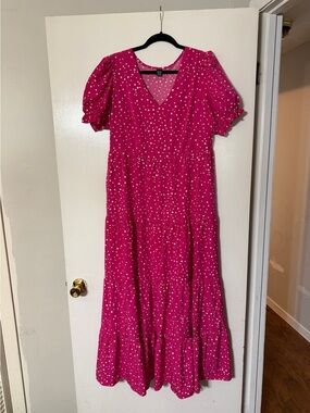 Hot Pink Polka Dot V-Neck Tiered Dress
